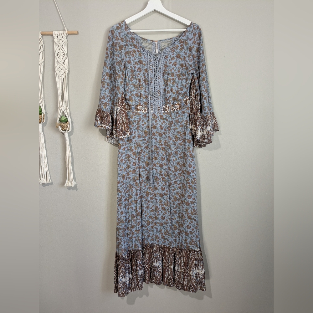 Free People All Mixed Up Lace Up Flare Sleeve Ruffle Hem Maxi Boho Dress 6 - Picture 7 of 15